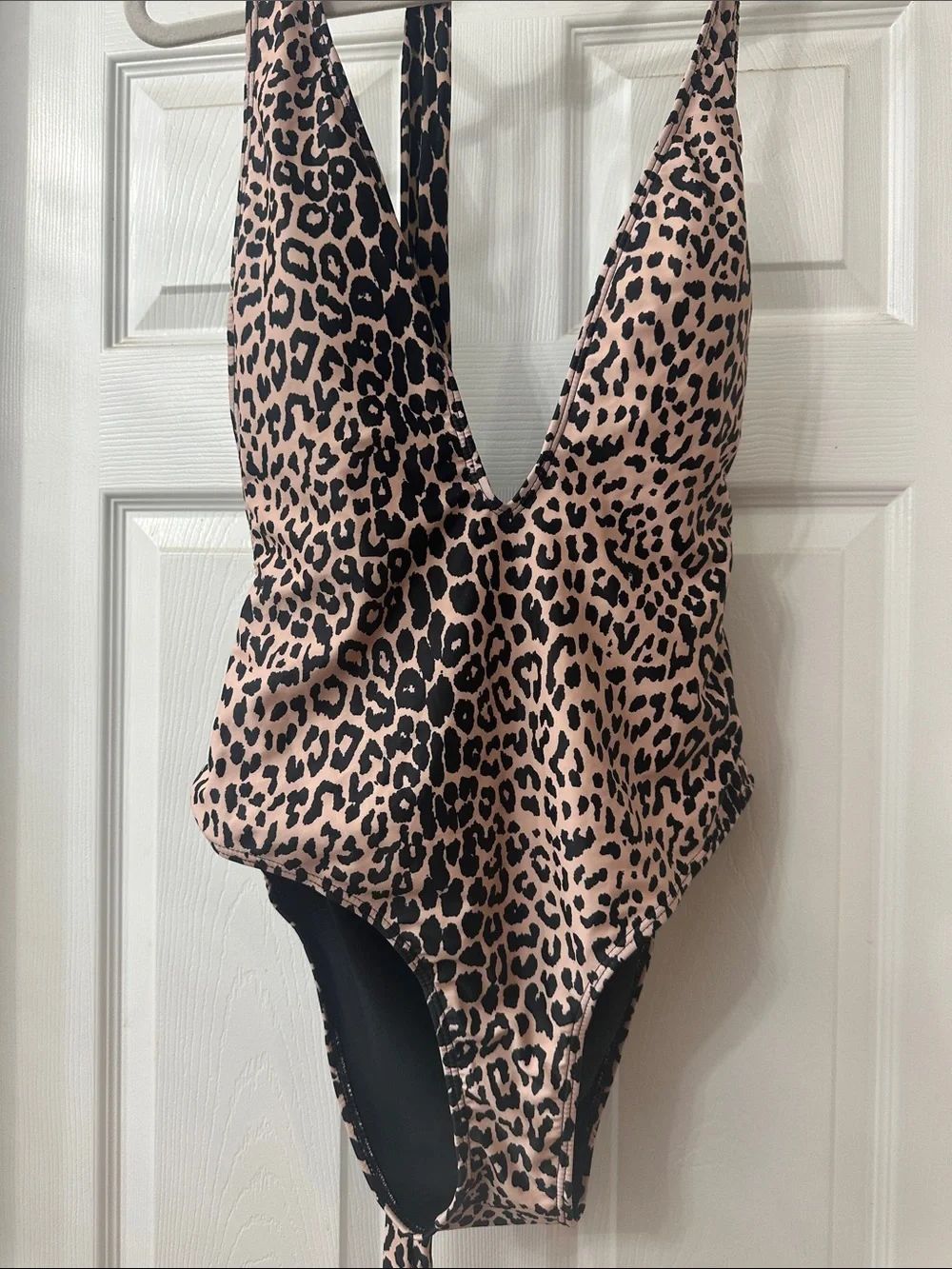 SHEIN Blush Leopard-Print Deep V One-Piece Swim Bodysuit